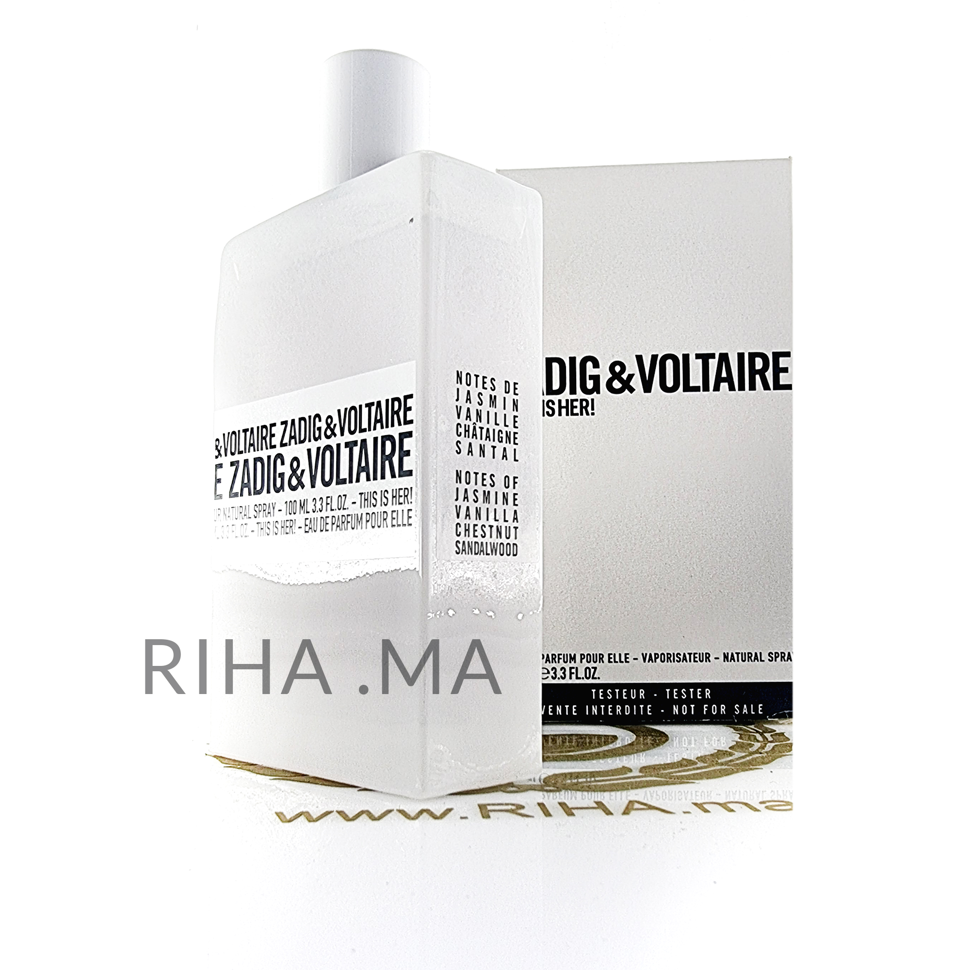 This is Her de Zadig & Voltaire est un parfum Ambré Vanillé pour femme. This is Her a été lancé en 2016. This is Her a été créé par Sidonie Lancesseur et Michel Almairac. Les notes de tête sont Poivre rose, Fleur de bois de soie et Jasmin Sambac; les notes de coeur sont Crème fouettée, Vanille et Châtaigne; les notes de fond sont Bois de santal et Bois de cachemire.  La maison de couture française Zadig & Voltaire, qui privilégie les styles casual, bohème et rock avec une importante touche d’élégance cool, présente en septembre 2016 sa nouvelle paire parfumée annoncée avec le slogan “This is Zadig!”. La paire de parfums se compose d’une édition féminine et d’une édition masculine : This is Her ! et C’est Lui !. Les parfums sont créés en collaboration avec la société Beauté Prestige International (BPI). Cecilia Bönström, directrice artistique de Zadig & Voltaire, a déclaré à wwd que l’idée était de rompre avec ce qui existait déjà sur le marché et de “trouver un équilibre entre quelque chose de vraiment propre et quelque chose de plus sombre, de plus mystérieux”.  Le boisé, floral et gourmand This is Her, signé par le duo de parfumeurs Sidonie Lancesseur et Michel Almairac, contient des notes de poivre rose, de jasmin Sambac, de crème de marrons au lait, de vanille et de bois de santal. Il est disponible sous forme d’Eau de Parfum de 50 ml.  Les flacons ont un design simple avec des bords craquelés, blancs pour elle et noirs pour lui. Les matériaux précieux, avec le bois de santal comme signature, et le design cool tentent d’offrir quelque chose de nouveau en accord avec l’image avant-gardiste de la marque.