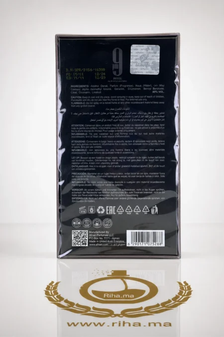 Flacon de 9PM Rebel Afnan Eau de Parfum 100ml sur fond noir — vue 2