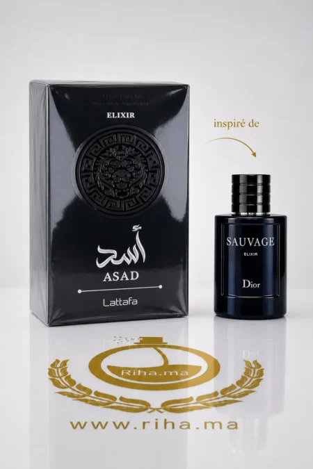 Flacon de parfum Asad Lattafa posé sur fond sombre élégant