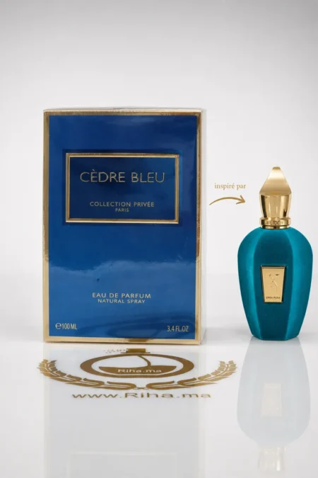 Flacon de parfum cedre bleu collection prive Geparlys sur fond bleu