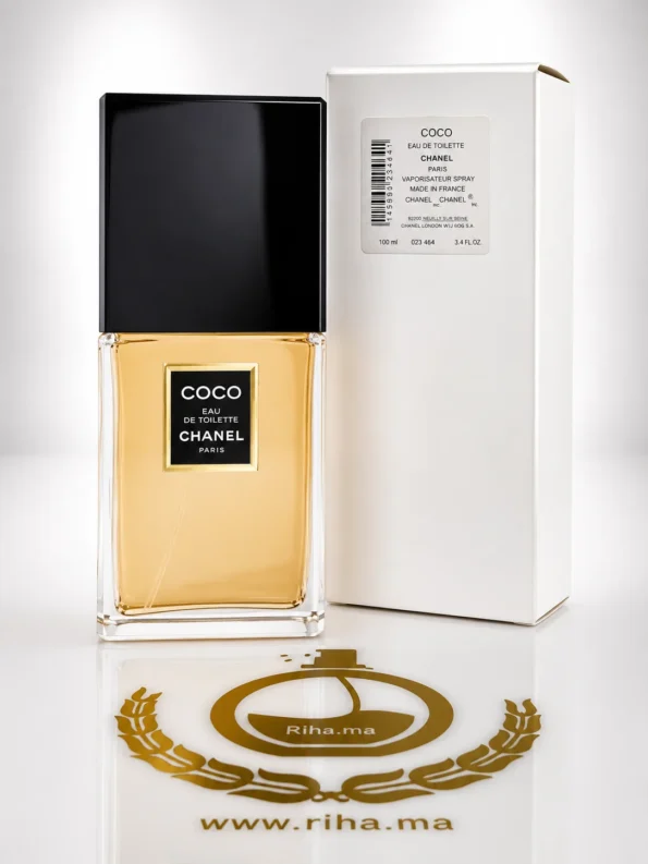 Flacon de tester coco décantage Chanel posé sur fond blanc