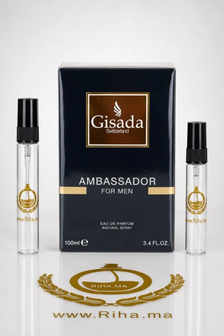 Flacon de décantage Ambassador Men Gisada posé sur fond sombre