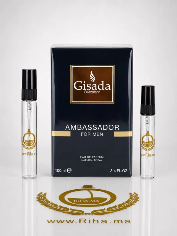 Flacon de décantage Ambassador Men Gisada posé sur fond sombre