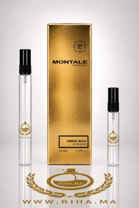 Flacon de decantage Amber Musk Montale posé sur fond blanc