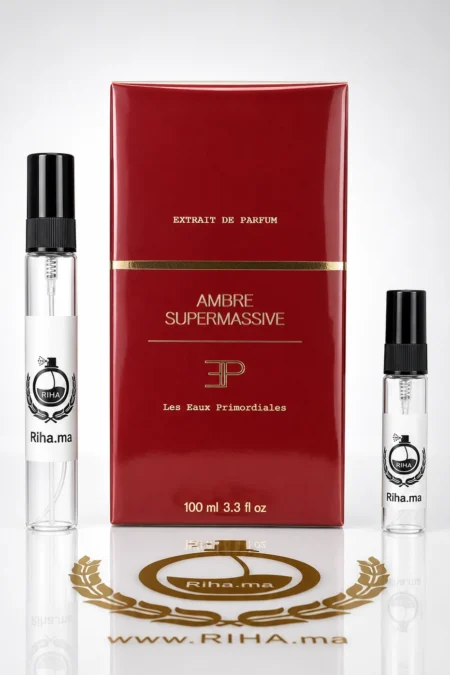 decantage ambre supermassive — Flacon de décantage ambre supermassive posé sur fond noir élégant