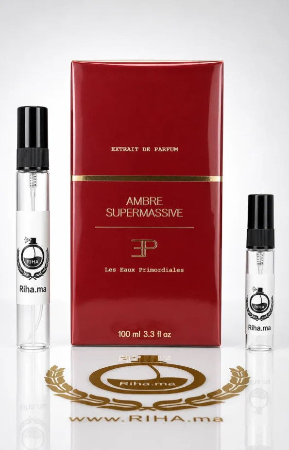 decantage ambre supermassive — Flacon de décantage ambre supermassive posé sur fond noir élégant