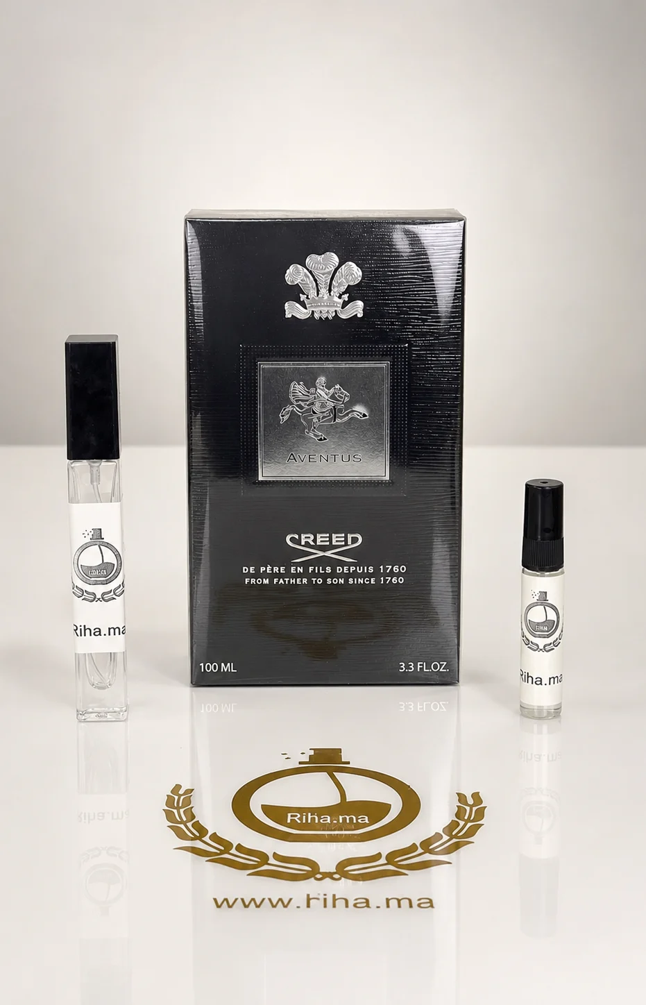 Decantage Aventus Creed eau de parfum decantage aventus creed — Flacon de décantage aventus creed posé sur fond noir élégant