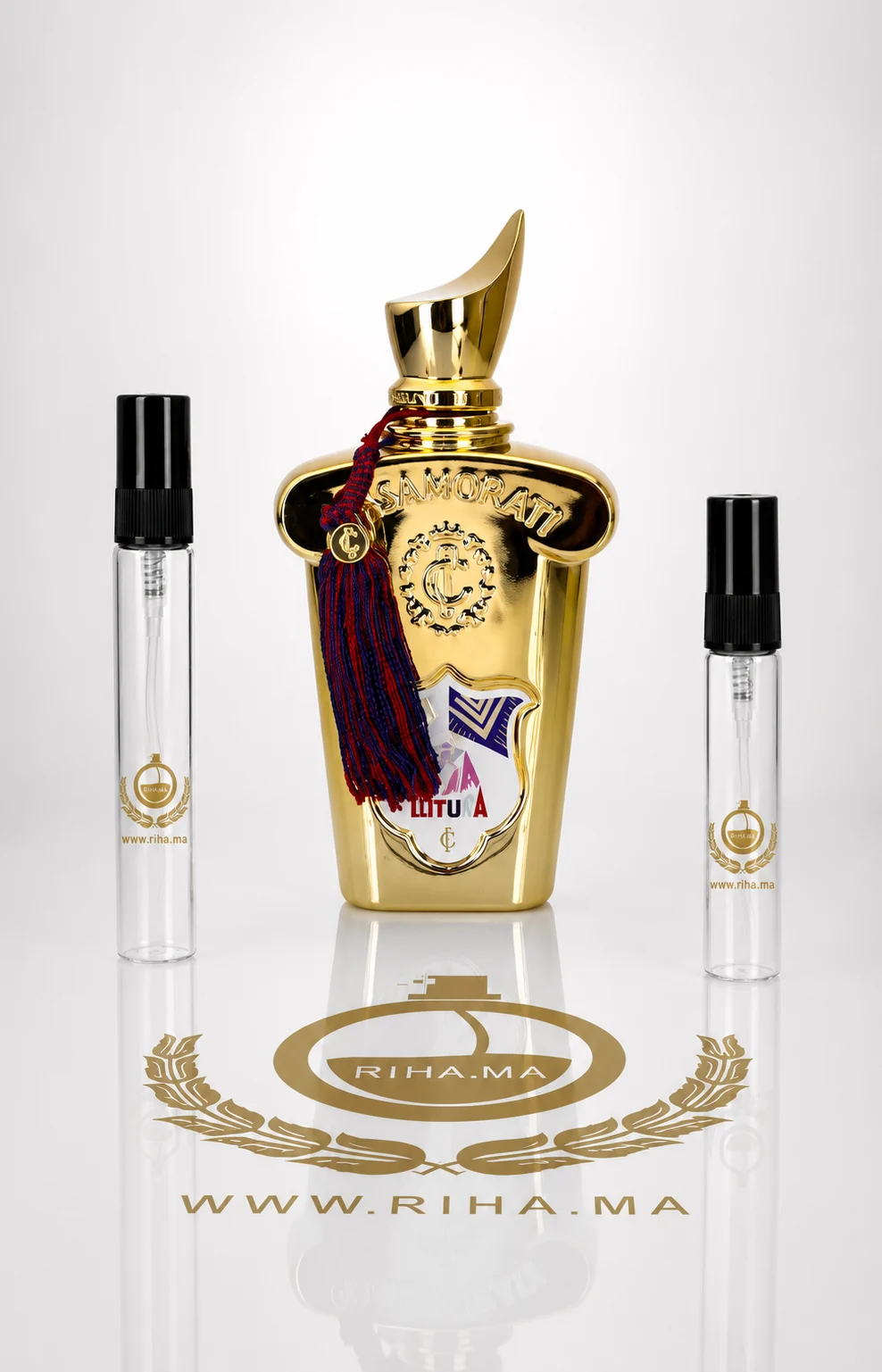 Decantage Casafutura Xerjoff Eau de Parfum Authentic Flacon decantage casafutura xerjoff posé sur fond noir élégant