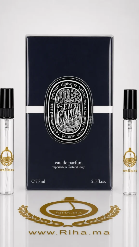 Flacon de décantage eau capitale diptyque posé sur fond blanc