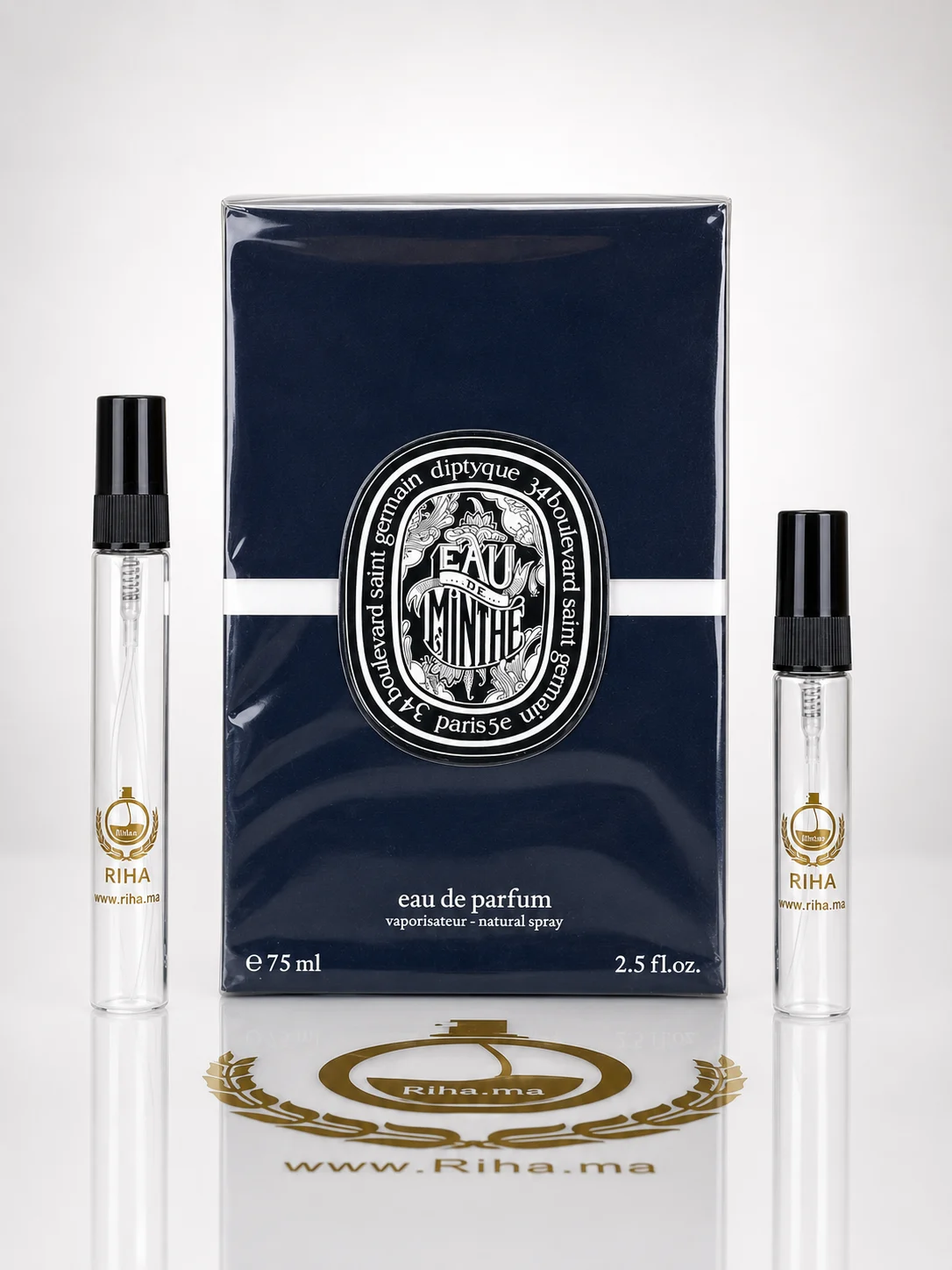 Decantage Eau de Minthé Diptyque Eau de Parfum Pour Homme Authentic Flacon décantage de eau de minthe diptyque sur fond blanc