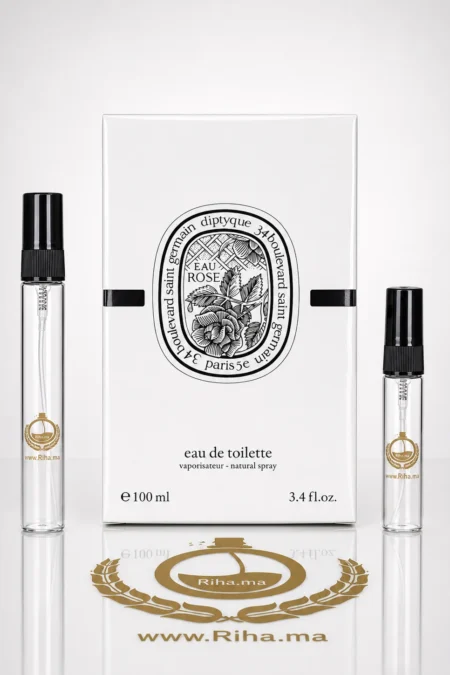 Flacon de décantage eau rose diptyque 10ml sur fond blanc