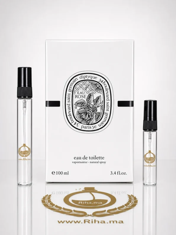 Flacon de décantage eau rose diptyque 10ml sur fond blanc