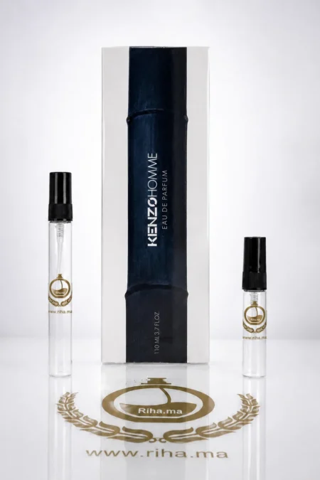 Décantage kenzo homme eau de parfum flacon original sur fond blanc épuré