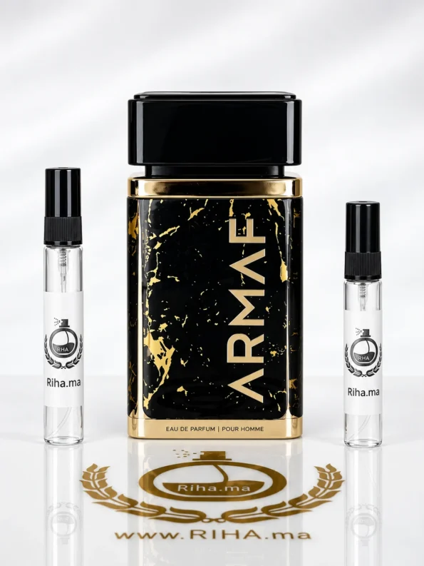 Flacon de decantage ombre dor armaf posé sur fond sombre élégant