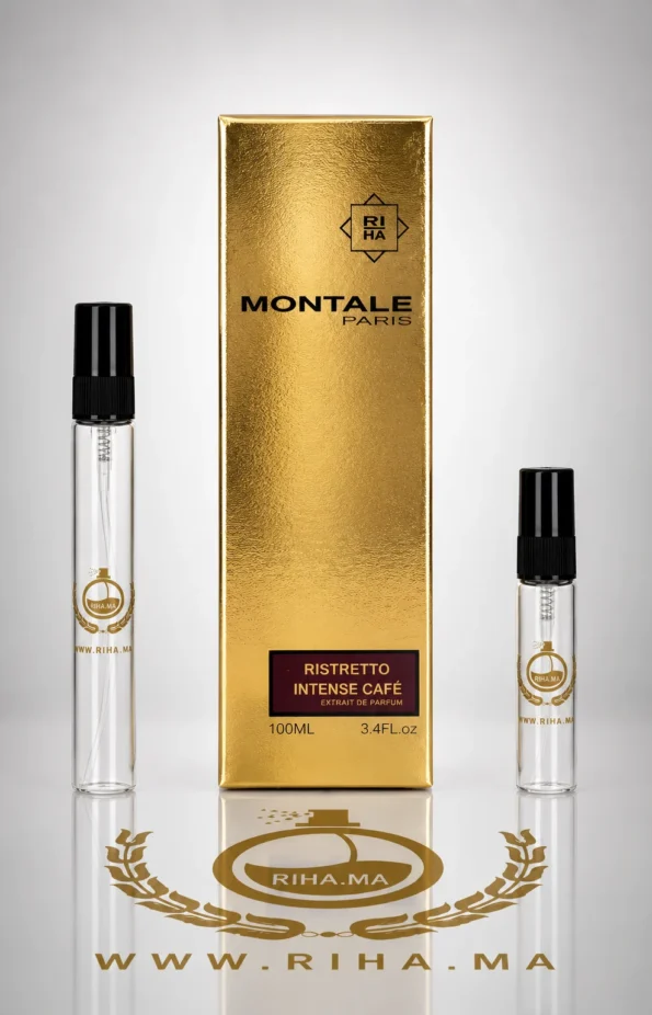 Flacon de decantage ristretto intense cafe montale posé sur fond noir