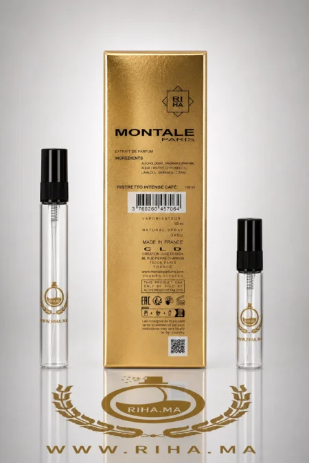 Flacon de decantage ristretto intense cafe montale posé sur fond noir — vue 2