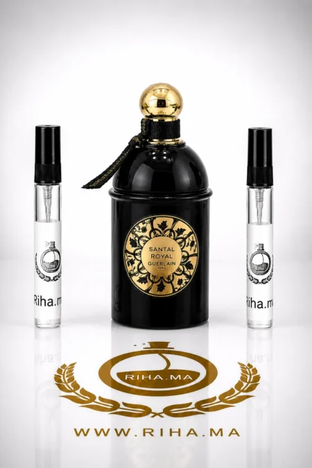 Flacon de décantage Santal Royal Guerlain Eau de Parfum sur fond noir