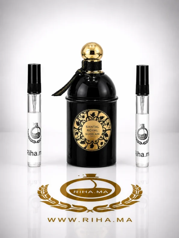 Flacon de décantage Santal Royal Guerlain Eau de Parfum sur fond noir