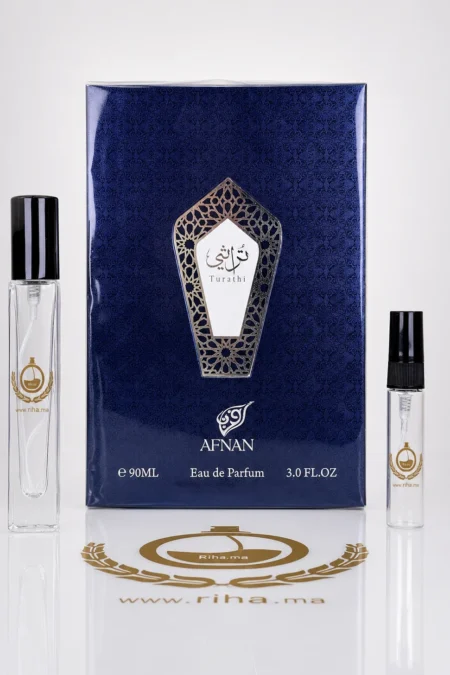 Décantage turathi blue afnan en flacon atomiseur homme fond bleu