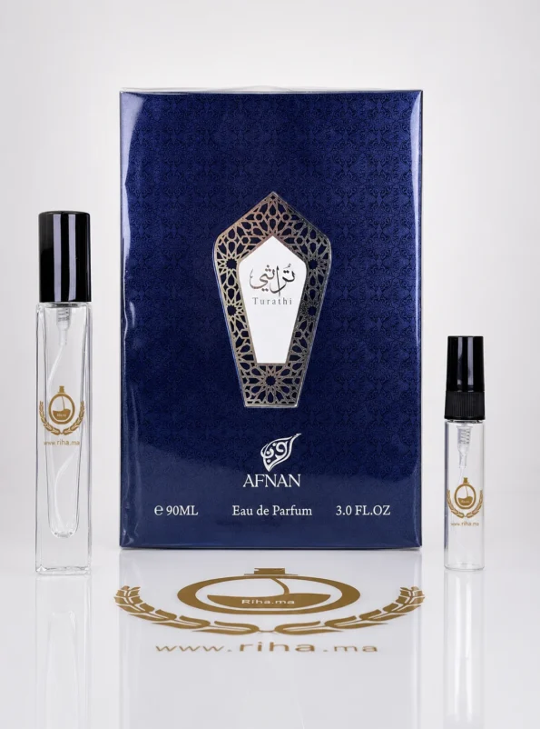 Décantage turathi blue afnan en flacon atomiseur homme fond bleu