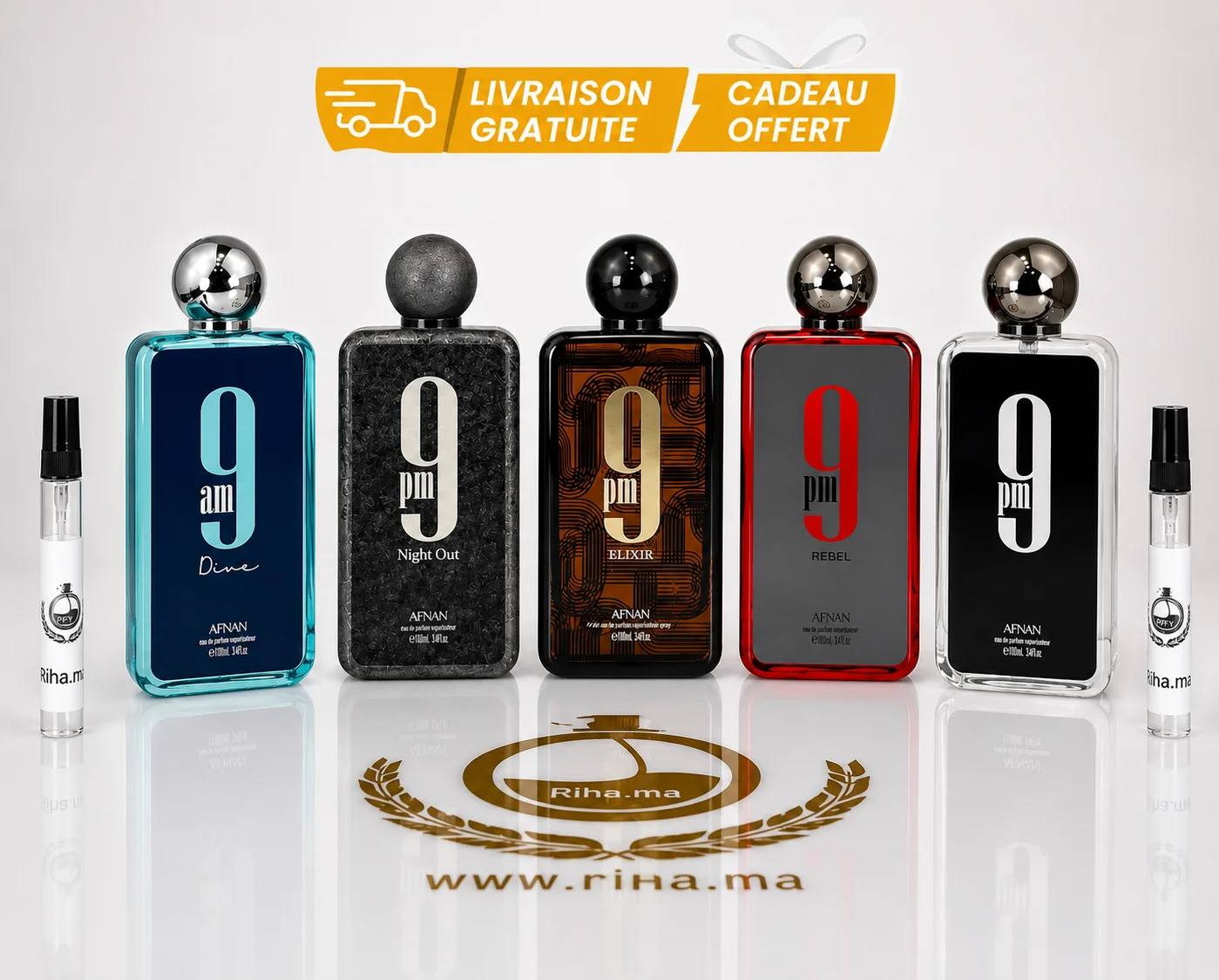 Pack Décantage Afnan 9PM Maroc – 9PM + Rebel + Elixir + Night Out + Dive 5ml 10ml Authentic pack decantage afnan — Pack décantage Afnan 9PM avec cinq flacons de parfum