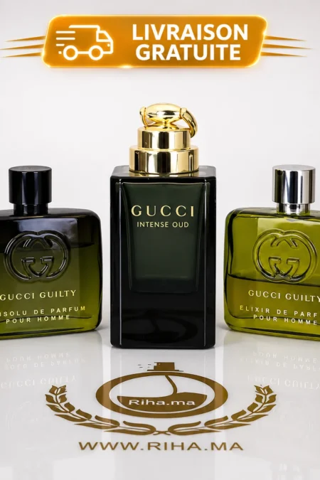 pack decantage gucci — Pack décantage Gucci avec trois flacons posés sur fond noir