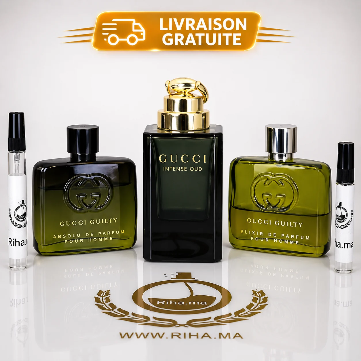 Pack Décantage Gucci - 3 Parfums de Luxe pack decantage gucci — Pack décantage Gucci avec trois flacons posés sur fond noir