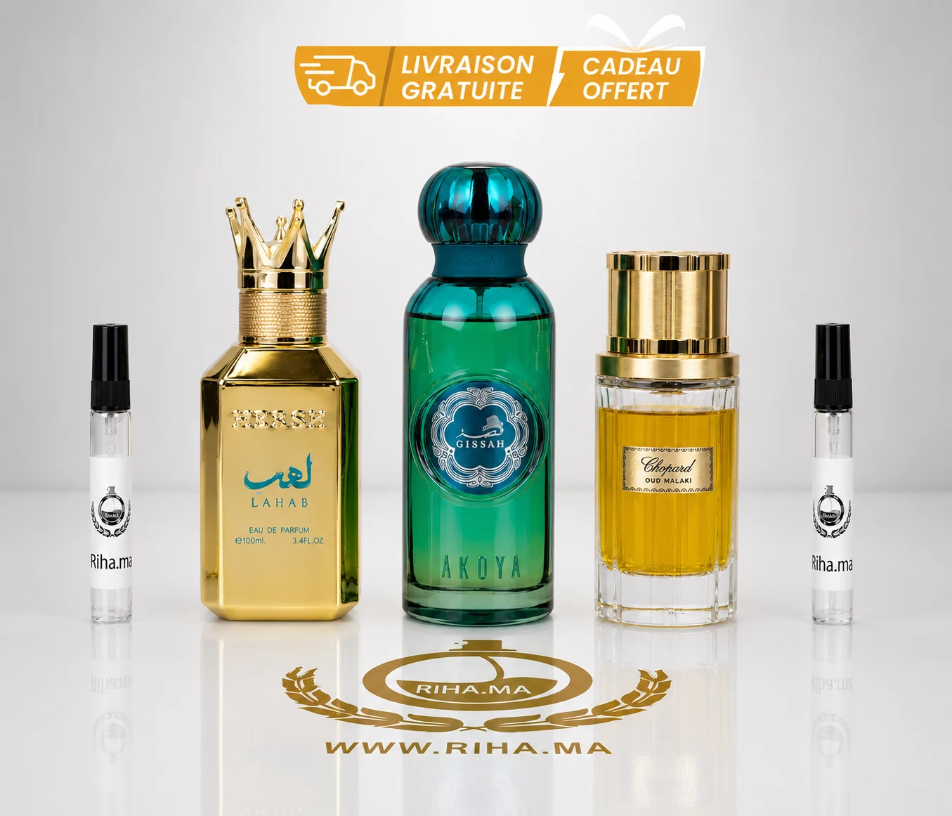 Pack Decantage Oriental – Gissah Akoya, Hesh Lahab, Chopard Oud Malaki Maroc pack decantage oriental — Flacon du pack decantage gissah akoya hesh lahab chopard oud malaki