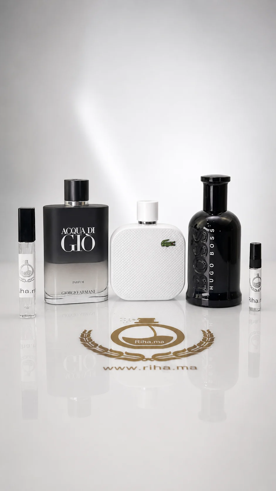 Pack decantage promo | Acqua di gio le parfum | Lacoste blanc | Hugo boss night | 5ML - 10ML Authentic Pack decantage promo de trois flacons de parfum posés sur fond blanc