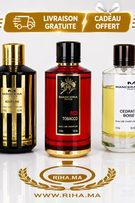 pack decantage — Pack décantage Mancera avec trois flacons de parfum posés sur fond noir