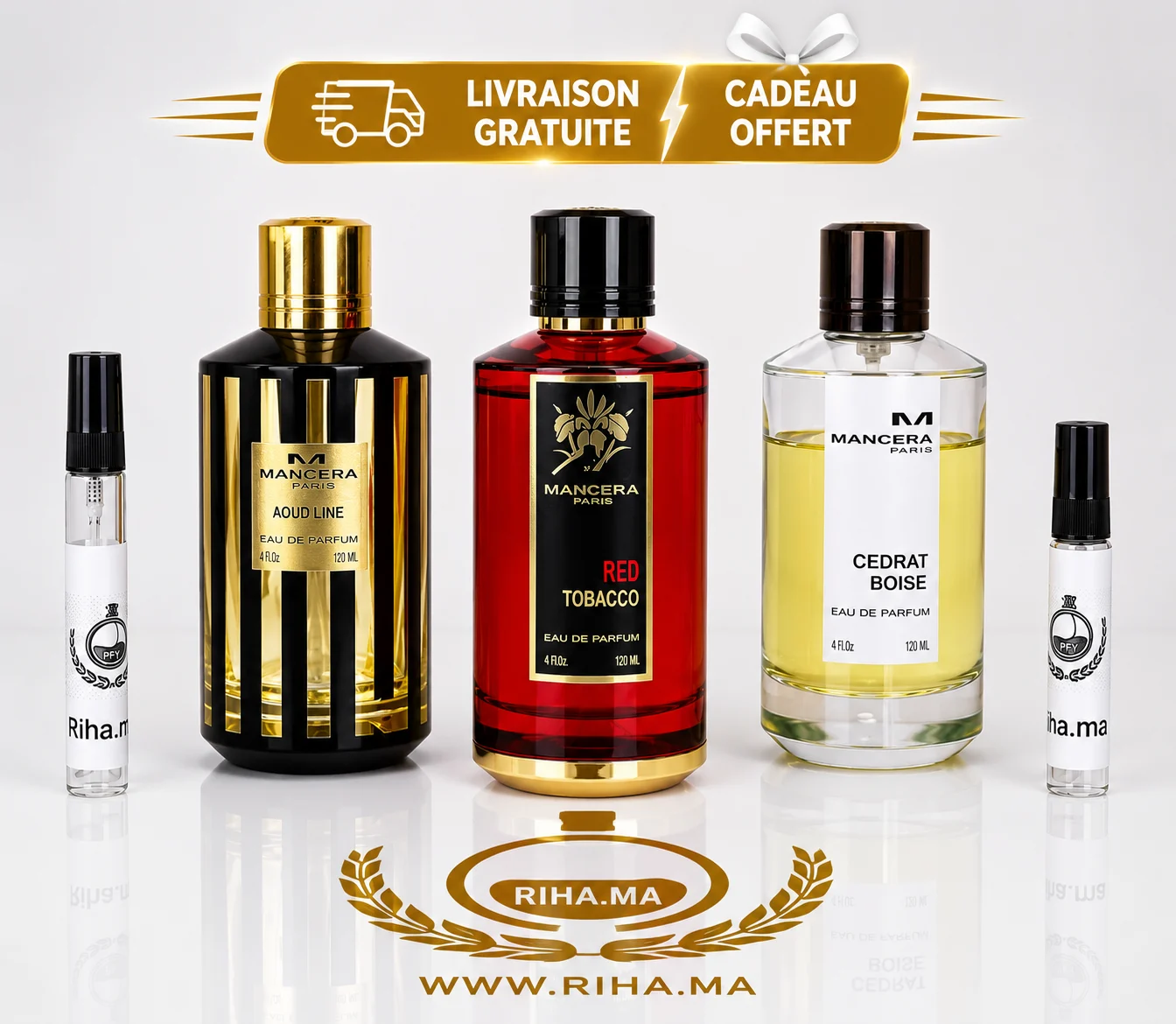 Pack Decantage Promo Homme – Mancera Red Tobacco Edp +Mancera Aoud Line Edp +Mancera Cedrat Boise Edp Authentic pack decantage — Pack décantage Mancera avec trois flacons de parfum posés sur fond noir