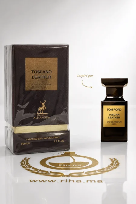 Flacon de Toscano Leather de Maison Alhambra 80ml sur fond noir