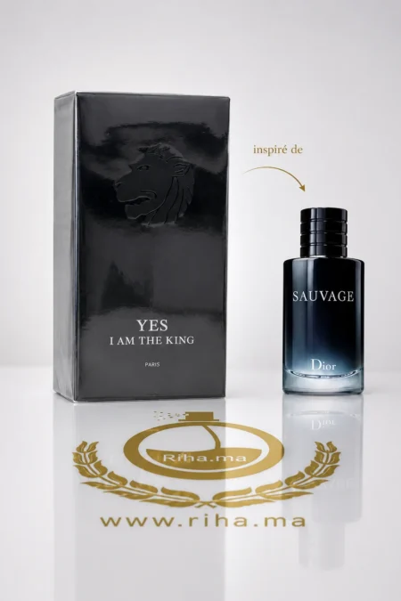 Flacon de parfum yes im the king sur fond noir élégant