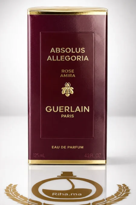 Flacon de parfum Absolus Allegoria Rose Amira Guerlain sur fond doré