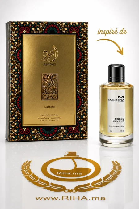 Ajwad Lattafa, parfum boisé pour femme, flacon élégant