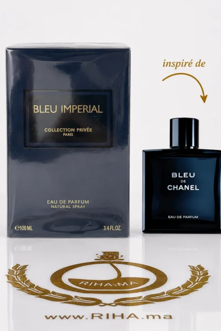 Flacon de parfum bleu imperial collection privee sur fond élégant