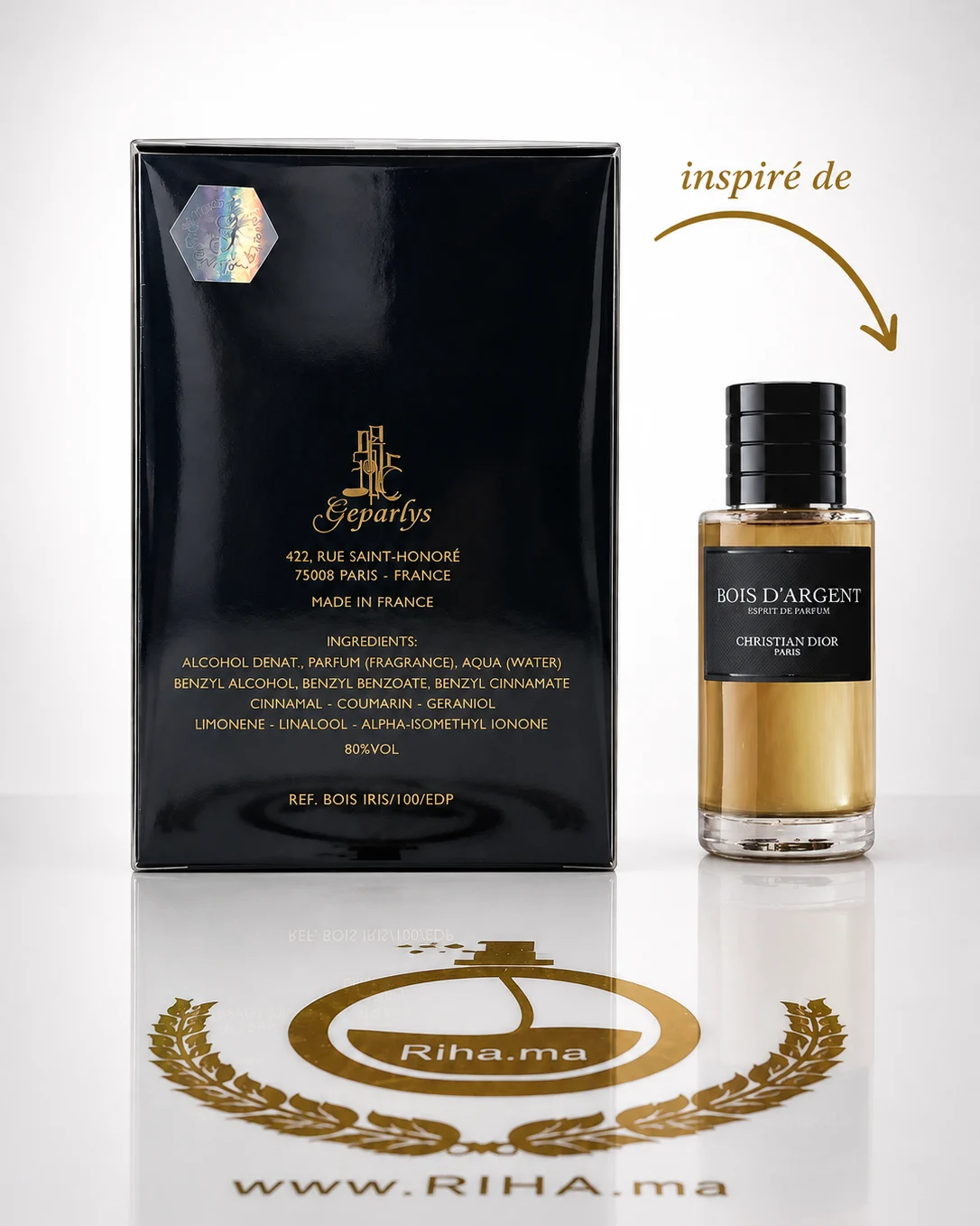 BOIS D’IRIS Geparlys Collection Privée eau de parfum 100ml — photo 2 Flacon de parfum bois diris geparlys sur fond élégant — vue 2