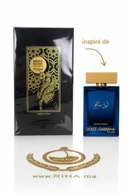 Flacon de parfum Brave Heart Zimaya sur fond sombre élégant