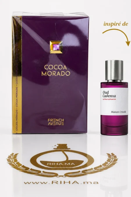 Flacon de parfum cocoa morado french avenue sur fond sombre élégant