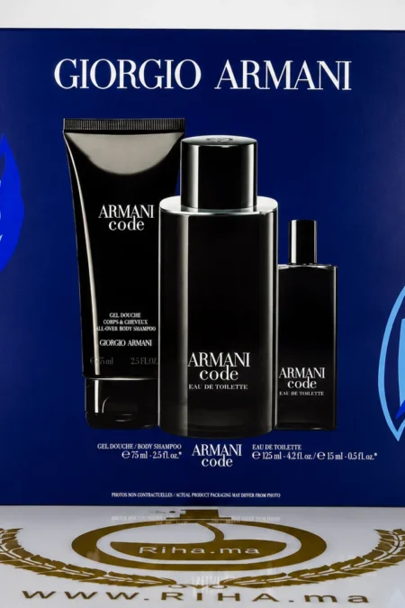Coffret Armani Code Eau de Toilette 125ml posé sur fond élégant