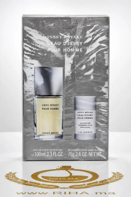 Coffret issey miyake avec flacon d'eau de toilette fraîche sur fond bleu