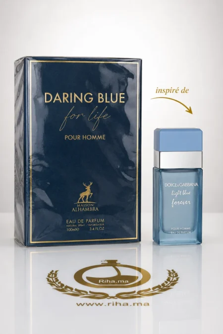 Flacon de parfum daring blue de Maison Alhambra sur fond bleu
