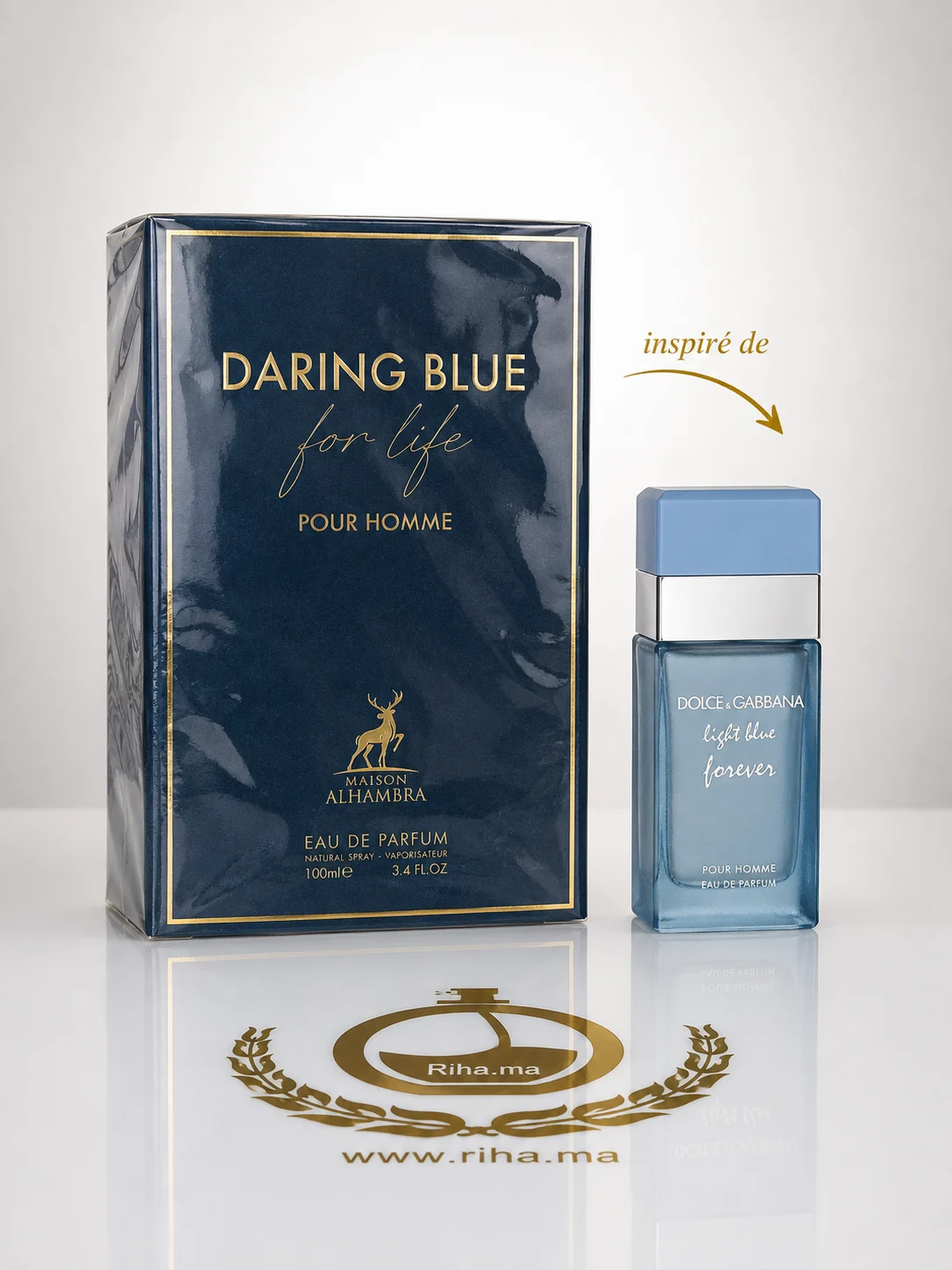 Daring Blue For Life Maison Alhambra inspiré de Light Blue Forever Flacon de parfum daring blue de Maison Alhambra sur fond bleu