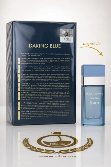 Flacon de parfum daring blue de Maison Alhambra sur fond bleu — vue 2