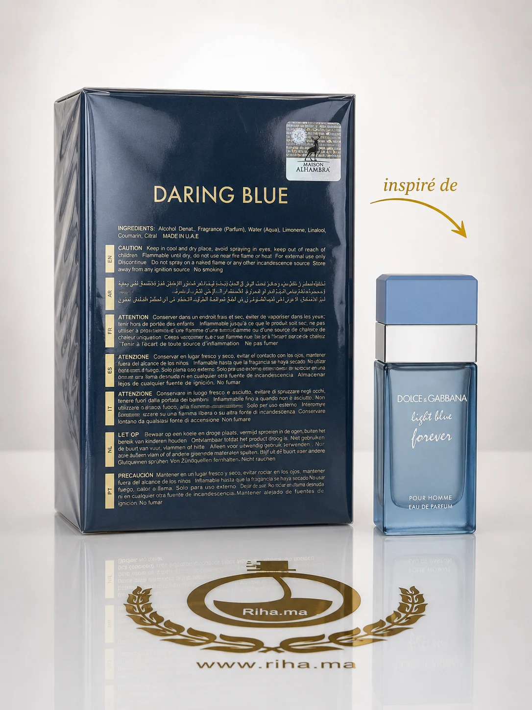 Daring Blue For Life Maison Alhambra inspiré de Light Blue Forever — photo 2 Flacon de parfum daring blue de Maison Alhambra sur fond bleu — vue 2