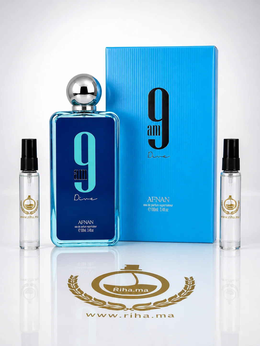 Decantage 9AM Dive Afnan Eau de Parfum Authentic decantage 9am dive afnan — Flacon de décantage 9am dive afnan posé sur fond bleu