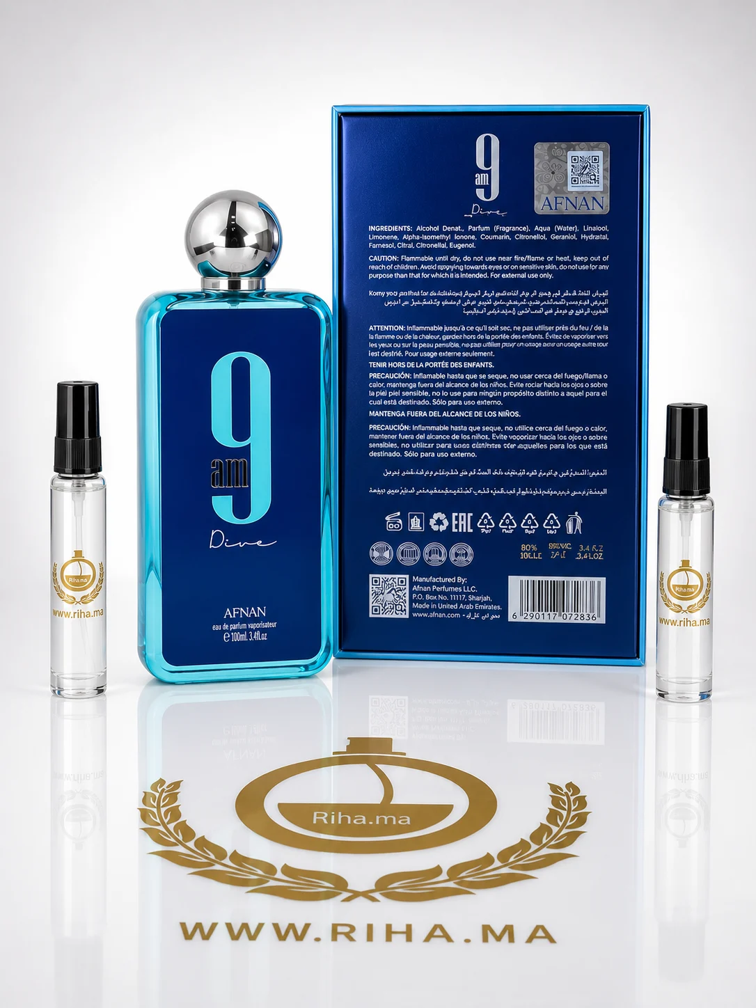 Decantage 9AM Dive Afnan Eau de Parfum Authentic — photo 2 decantage 9am dive afnan — Flacon de décantage 9am dive afnan posé sur fond bleu — vue 2