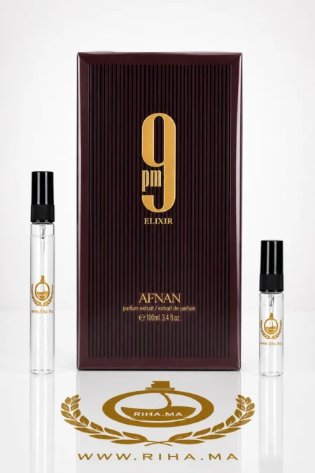 decantage 9pm elixir afnan — Flacon de décantage 9PM Elixir Afnan pour homme sur fond sombre