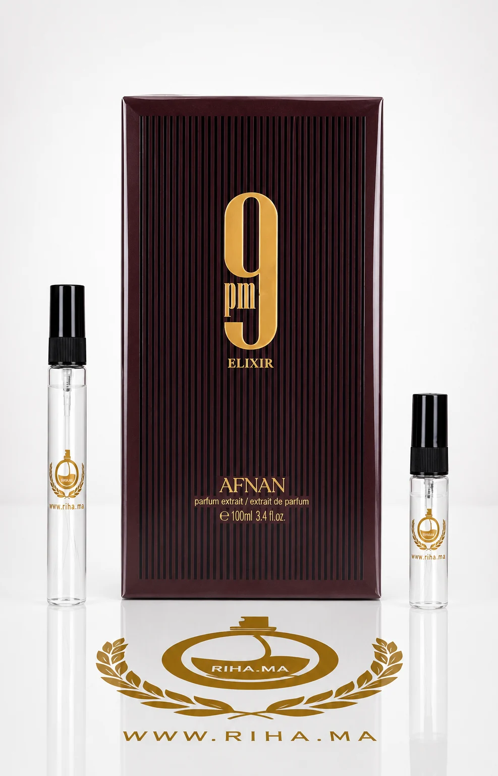 Decantage 9PM Elixir Afnan Pour Homme decantage 9pm elixir afnan — Flacon de décantage 9PM Elixir Afnan pour homme sur fond sombre