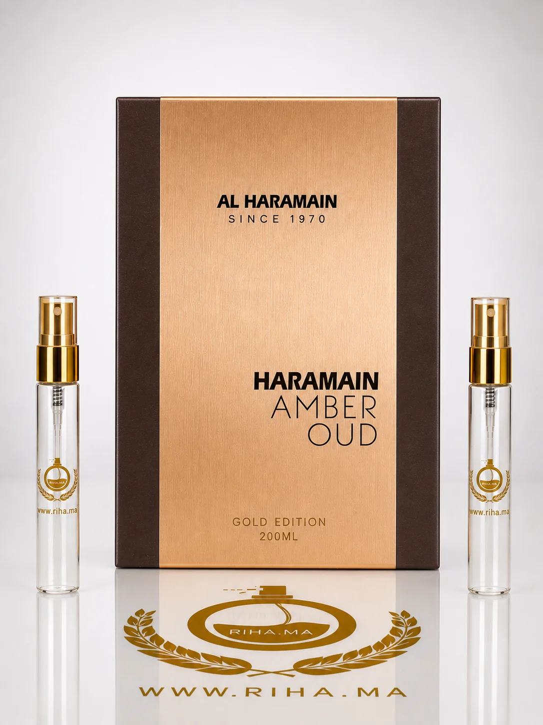 Decantage Amber Oud Al Haramain Perfumes Eau De Parfum Authentic decantage amber oud al haramain perfumes — Flacon de décantage amber oud al haramain perfumes posé sur fond doré